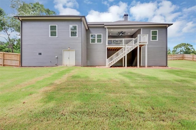 1021 Windsor Creek Dr, Madison, GA 30650 - rear view of property with stairway, a ceiling fan, a wooden deck, and a chimney