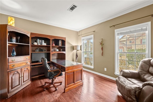 office space featuring ornamental molding and dark wood-type flooring