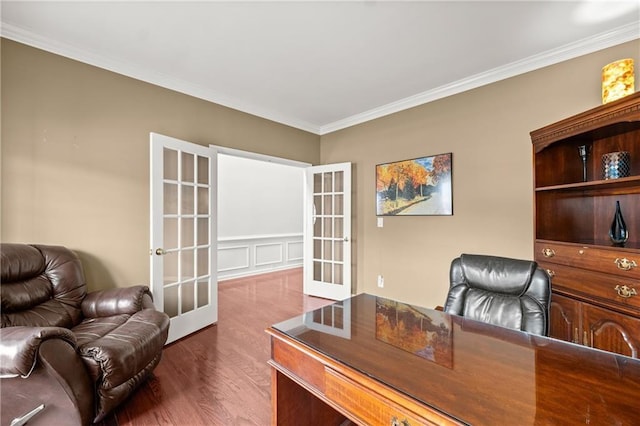 office featuring crown molding, dark hardwood / wood-style flooring, and french doors