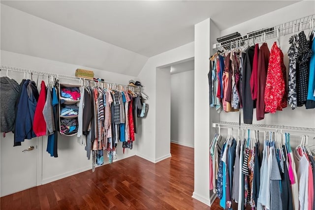 walk in closet with vaulted ceiling and hardwood / wood-style floors