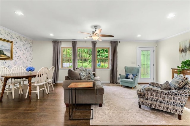 1630 Park Ln, Marietta, GA 30066 - living room with crown molding, plenty of natural light, ceiling fan, wood finished floors, and recessed lighting