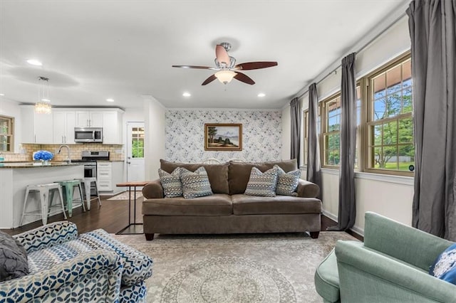 1630 Park Ln, Marietta, GA 30066 - living room featuring ceiling fan, wood finished floors, and recessed lighting