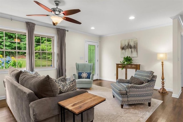 1630 Park Ln, Marietta, GA 30066 - living room featuring ornamental molding, baseboards, ceiling fan, wood finished floors, and recessed lighting