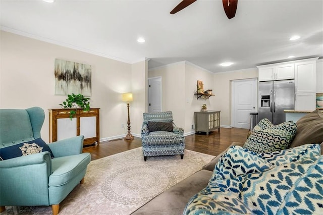 1630 Park Ln, Marietta, GA 30066 - living room featuring ceiling fan, baseboards, recessed lighting, dark wood finished floors, and ornamental molding