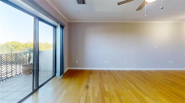 empty room with crown molding, ceiling fan, and light hardwood / wood-style floors