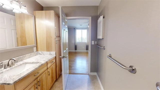 bathroom with vanity and wood-type flooring