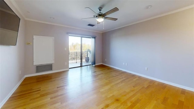 unfurnished living room featuring light hardwood / wood-style floors, ceiling fan, and ornamental molding