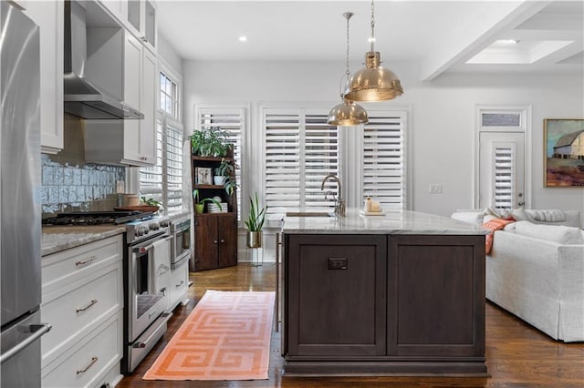 kitchen with wall chimney exhaust hood, dark wood-style flooring, light stone countertops, stainless steel appliances, and a sink