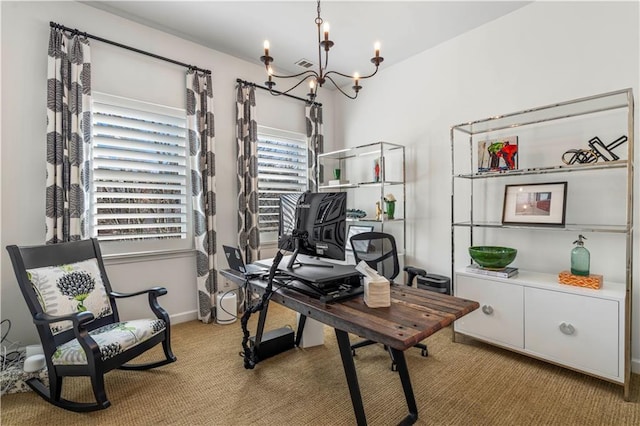 carpeted office space with visible vents, a chandelier, and baseboards