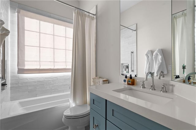 full bathroom with toilet, shower / bathtub combination with curtain, and vanity