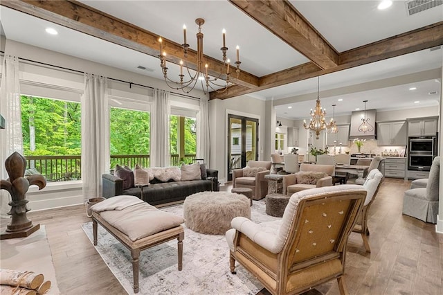 131 Forsyth Park Ln, Woodstock, GA 30188 - living room with a chandelier, beamed ceiling, light wood-type flooring, recessed lighting, and baseboards