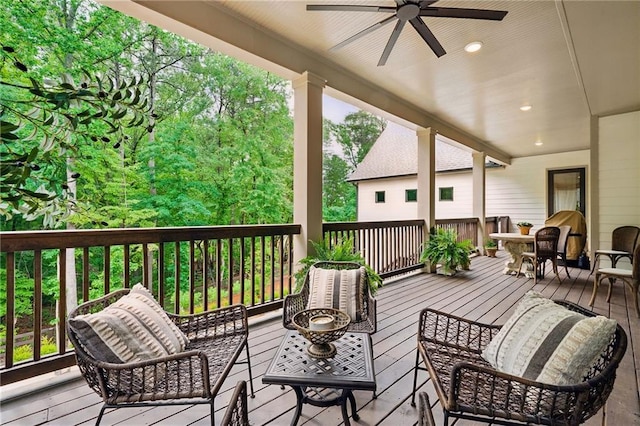 131 Forsyth Park Ln, Woodstock, GA 30188 - wooden deck with ceiling fan and an outdoor hangout area