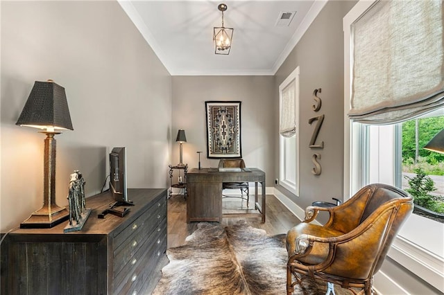 131 Forsyth Park Ln, Woodstock, GA 30188 - home office with ornamental molding, wood finished floors, and baseboards