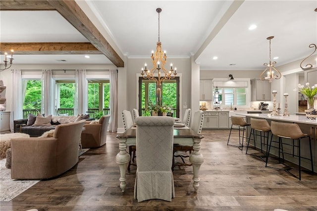 131 Forsyth Park Ln, Woodstock, GA 30188 - dining room with a chandelier, wood finished floors, ornamental molding, and recessed lighting
