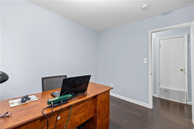 office with dark wood-style floors, visible vents, and baseboards