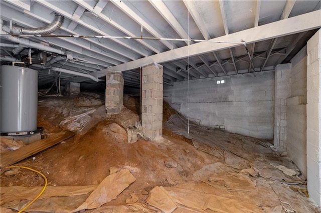 basement featuring crawl space and water heater