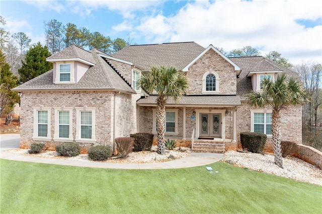 view of front of property featuring brick siding, roof with shingles, a front lawn, and french doors