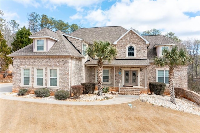 view of front of property featuring french doors, roof with shingles, and brick siding