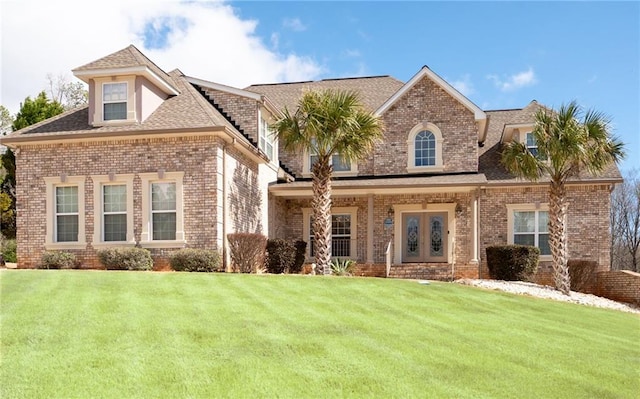 view of front of property featuring french doors, brick siding, and a front lawn