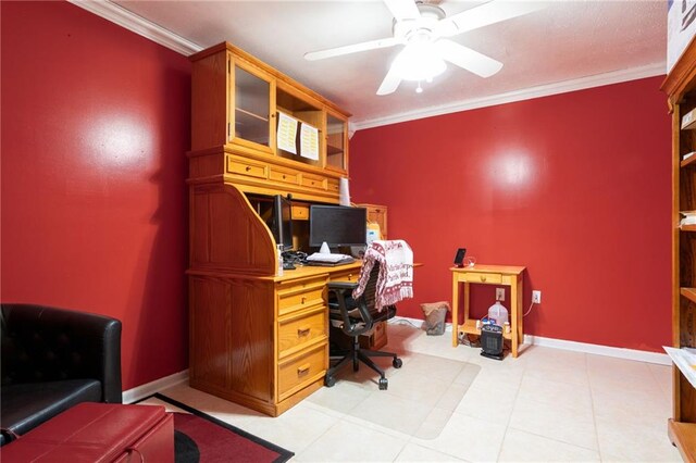 home office featuring ornamental molding, a ceiling fan, and baseboards