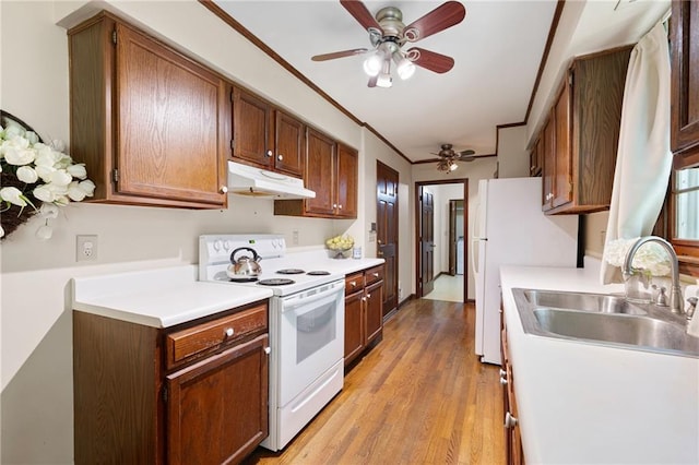 4140 Westchester Xing NE, Roswell, GA 30075 - kitchen with white appliances, light countertops, under cabinet range hood, ceiling fan, and a sink