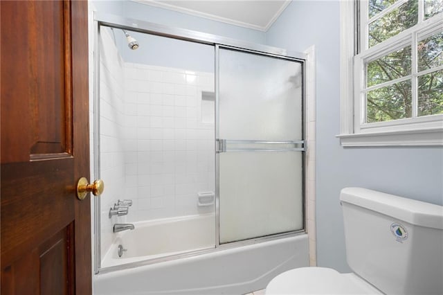 4140 Westchester Xing NE, Roswell, GA 30075 - bathroom featuring toilet, ornamental molding, and bath / shower combo with glass door