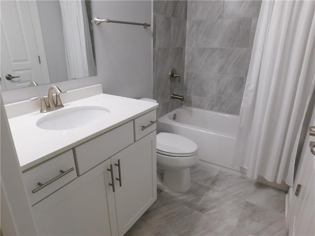 330 La Perla Dr, Sugar Hill, GA 30518 - full bathroom with vanity, shower / bath combo with shower curtain, and marble look tiles
