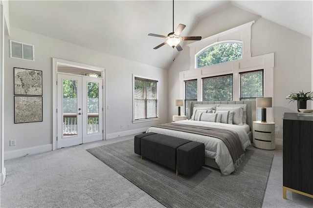 bedroom featuring access to exterior, ceiling fan, french doors, high vaulted ceiling, and carpet