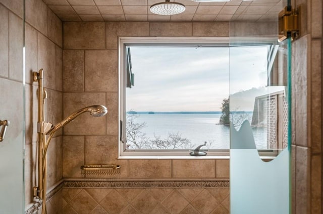 full bathroom featuring a water view and a tile shower