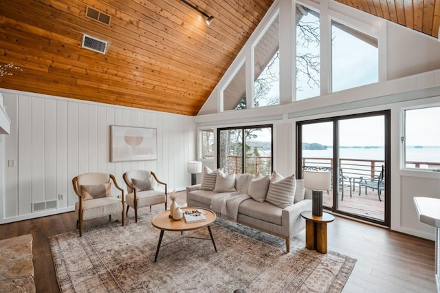 living room featuring visible vents, wood ceiling, and wood finished floors