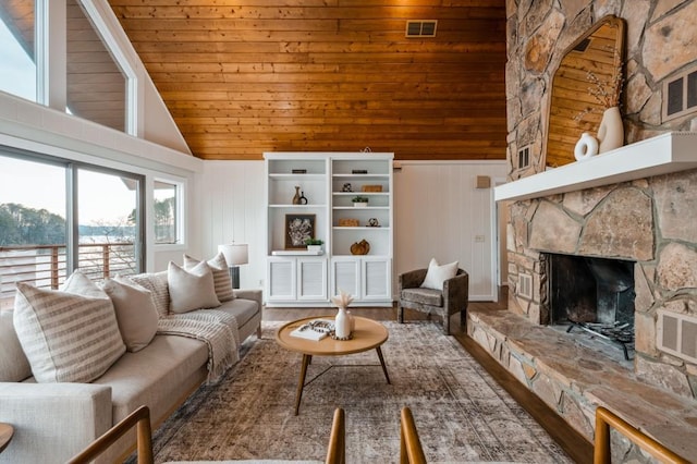 living room with high vaulted ceiling, a fireplace, wood finished floors, visible vents, and wood ceiling