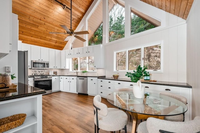 kitchen with white cabinetry, appliances with stainless steel finishes, wood ceiling, and wood finished floors