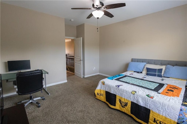 bedroom with dark carpet and ceiling fan