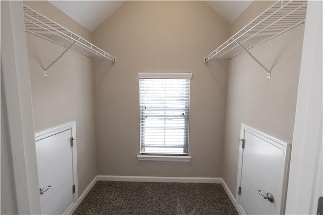 spacious closet with lofted ceiling and carpet flooring