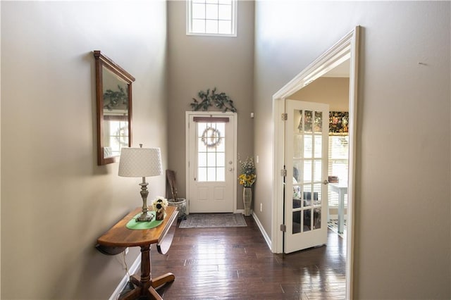 foyer entrance featuring a high ceiling and dark hardwood / wood-style floors