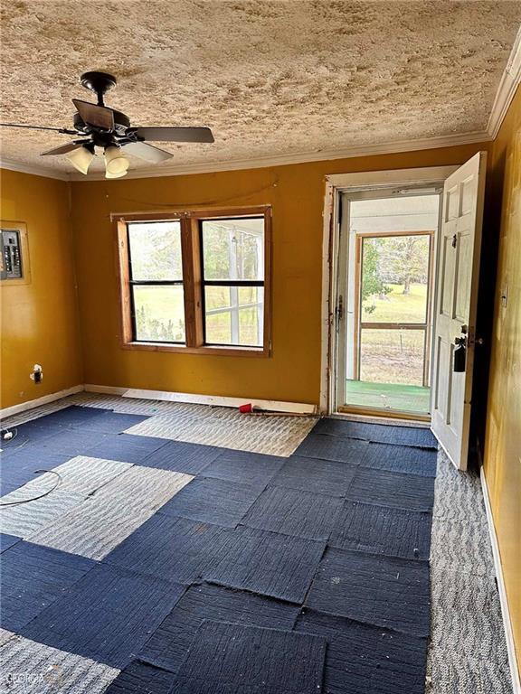interior space with crown molding, ceiling fan, and baseboards