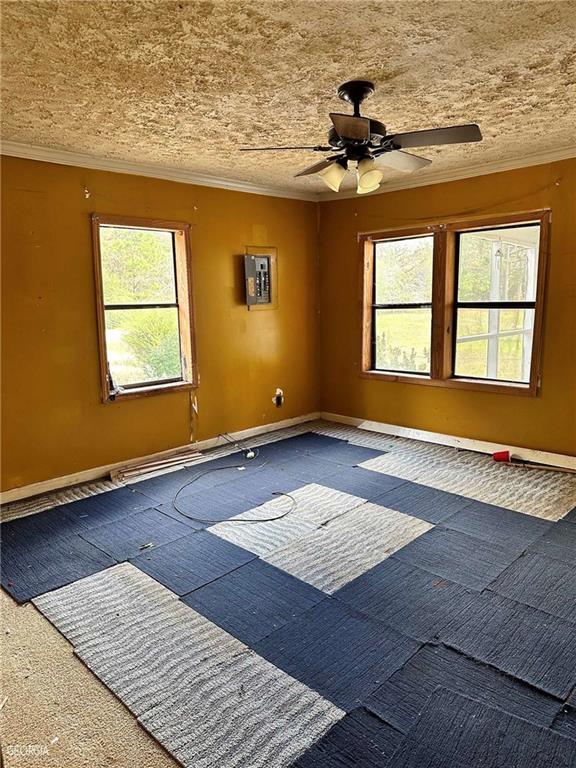 unfurnished room with baseboards, ornamental molding, carpet, and a ceiling fan