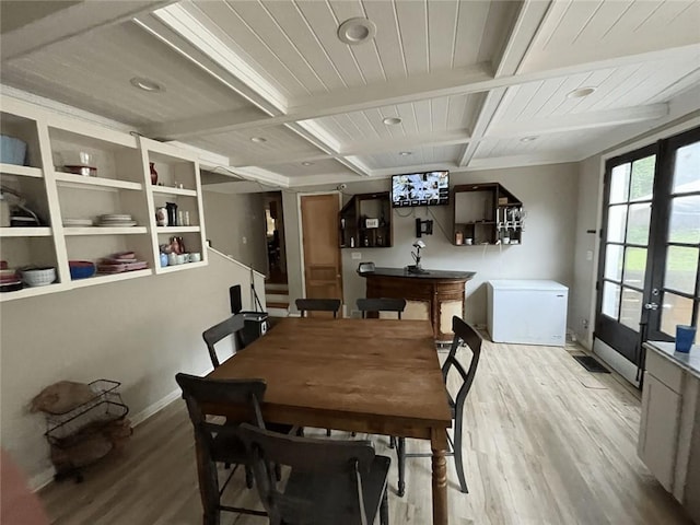 dining space featuring coffered ceiling, beam ceiling, baseboards, and wood finished floors
