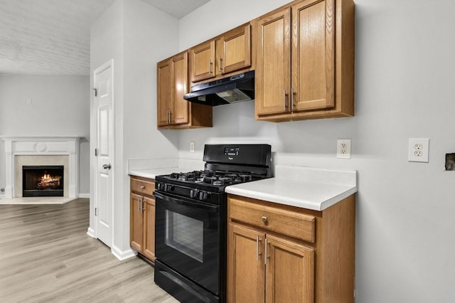 kitchen with a high end fireplace, light hardwood / wood-style floors, and gas stove