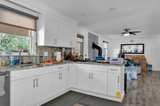 kitchen featuring a peninsula, a sink, white cabinets, stainless steel dishwasher, and decorative backsplash