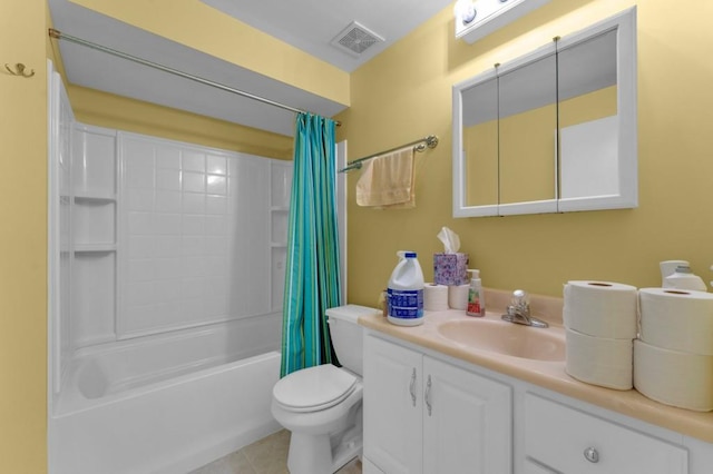 bathroom featuring visible vents, toilet, tile patterned flooring, shower / bath combo with shower curtain, and vanity