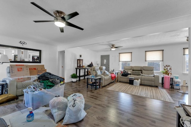 living room with a ceiling fan and wood finished floors