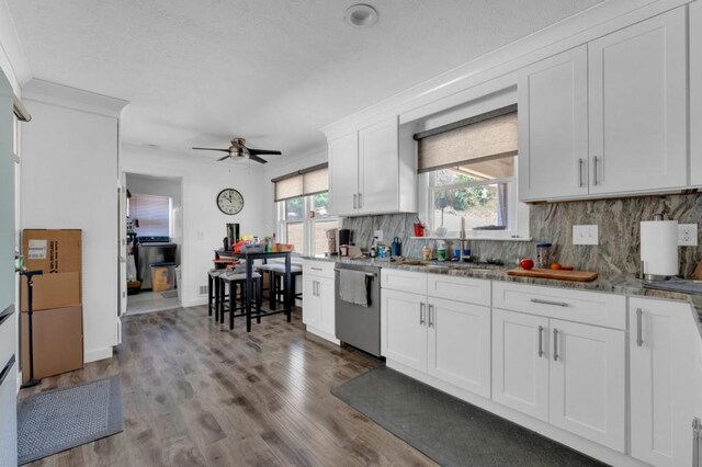 kitchen with a sink, plenty of natural light, tasteful backsplash, and stainless steel dishwasher