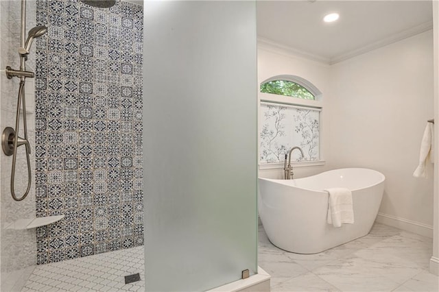 270 Hollyridge Way, Roswell, GA 30076 - bathroom featuring crown molding, tiled shower, a freestanding bath, recessed lighting, and marble finish floors