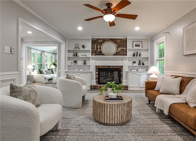 270 Hollyridge Way, Roswell, GA 30076 - living area with ornamental molding, ceiling fan, built in features, a brick fireplace, and recessed lighting