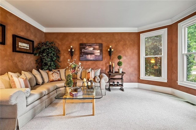 carpeted living room featuring baseboards, visible vents, and ornamental molding