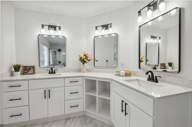 2350 Twelvestones Dr, Roswell, GA 30076 - full bath featuring an enclosed shower, double vanity, and marble look tile flooring