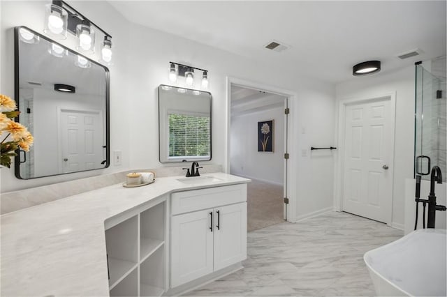2350 Twelvestones Dr, Roswell, GA 30076 - bathroom featuring marble finish floors, a stall shower, vanity, and a soaking tub