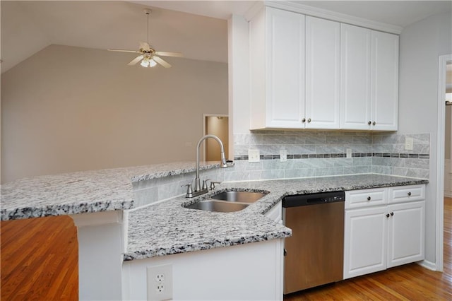 655 Golden Meadows Ln, Suwanee, GA 30024 - kitchen featuring stainless steel dishwasher, ceiling fan, light wood finished floors, light stone countertops, and white cabinets