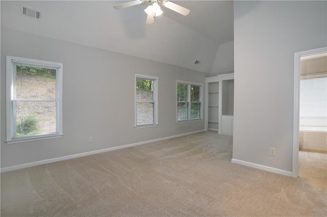 655 Golden Meadows Ln, Suwanee, GA 30024 - carpeted spare room featuring ceiling fan, lofted ceiling, and built in features